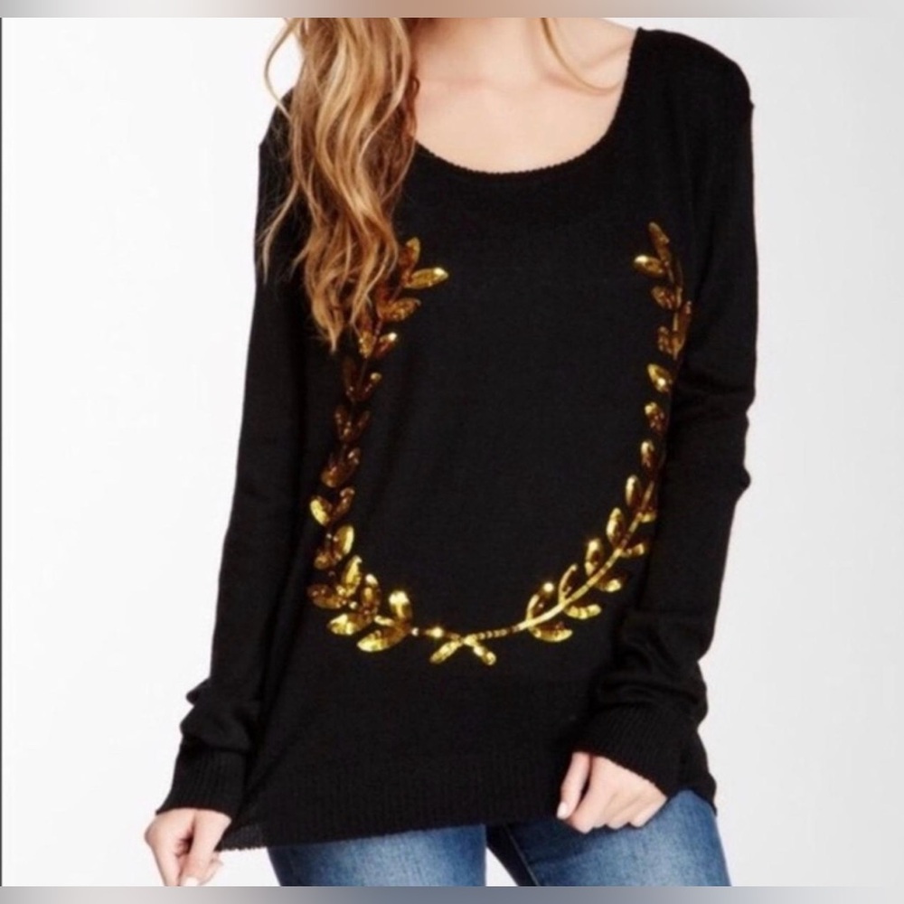 Small Wildfox White Label Black Gold Sequin Laurel Wreath‎ Long Sleeve Top